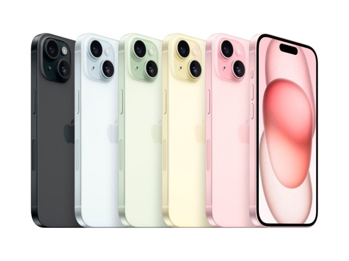 The entire Apple iPhone 15 color lineup against a white background.