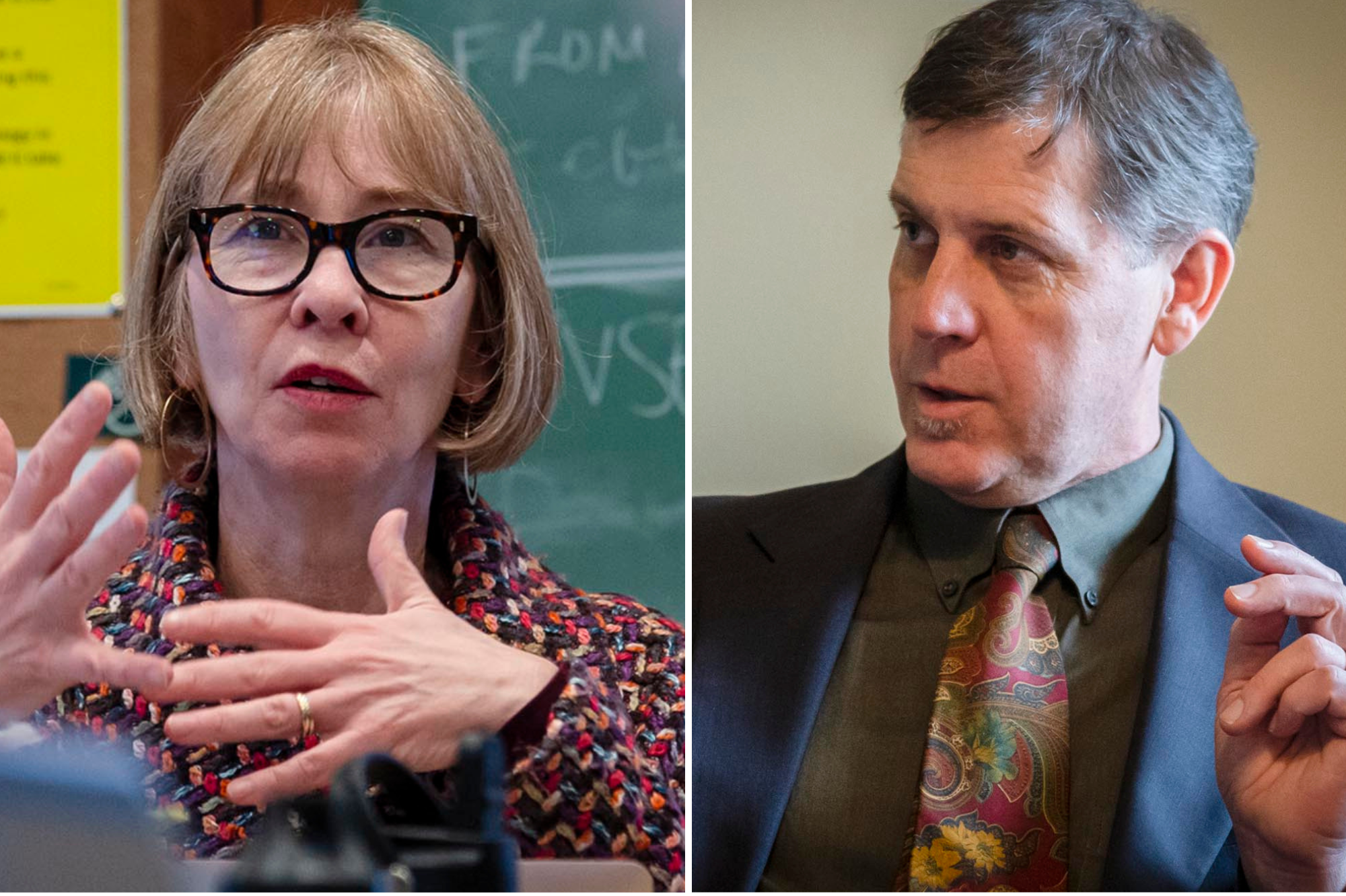 Split image of a woman with glasses speaking in a classroom on the left, and a man in a suit with a patterned tie speaking on the right.