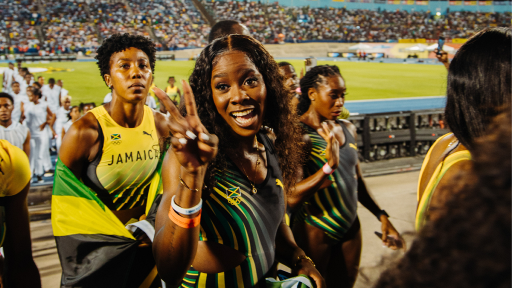  Olympic sprinter Shericka Jackson debuting Jamaica's Olympic kit at at the ISSA Boys & Girls Championships in Kingston, Jamaica.