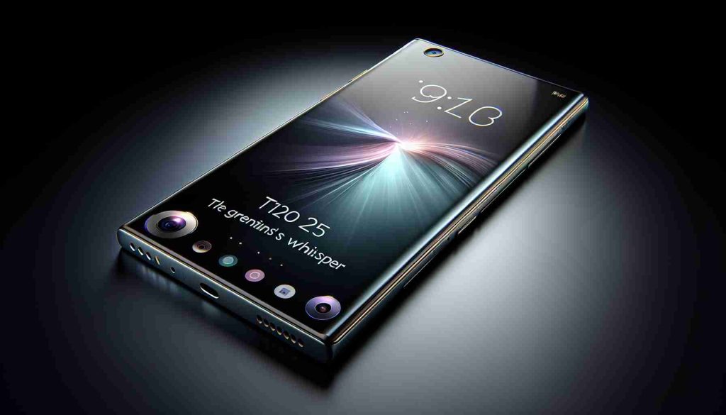 Create a realistic, high-definition image of a high-end smartphone named 'Titan's Whisper' in the grand journey of mobile technology. The device should have distinguishing features that one would associate with a premium 'Pro' model, such as metallic body, a large, sharp display, multiple camera lenses, and a sleek design.