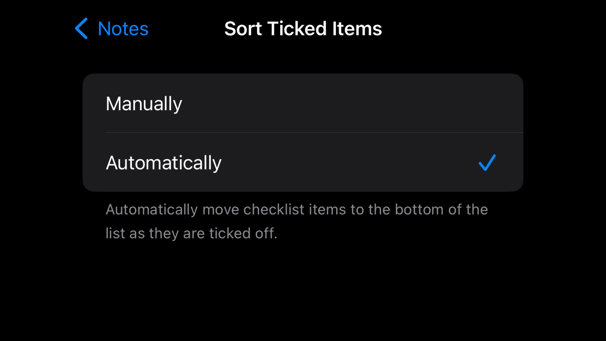 A screenshot of Apple Notes settings, showing the option to automatically sort checklists.