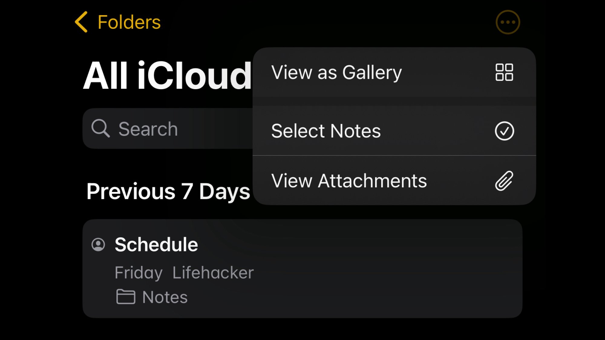 A screenshot of Apple Notes settings, showing the option to view notes as a gallery.