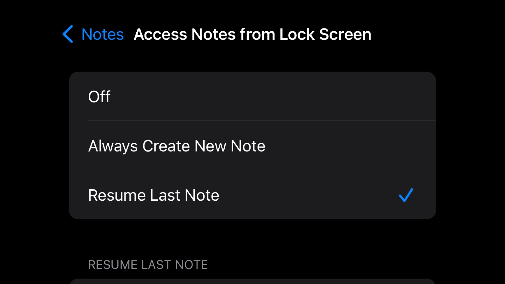 A screenshot of Apple Notes settings, showing the option to tweak lock screen notes.