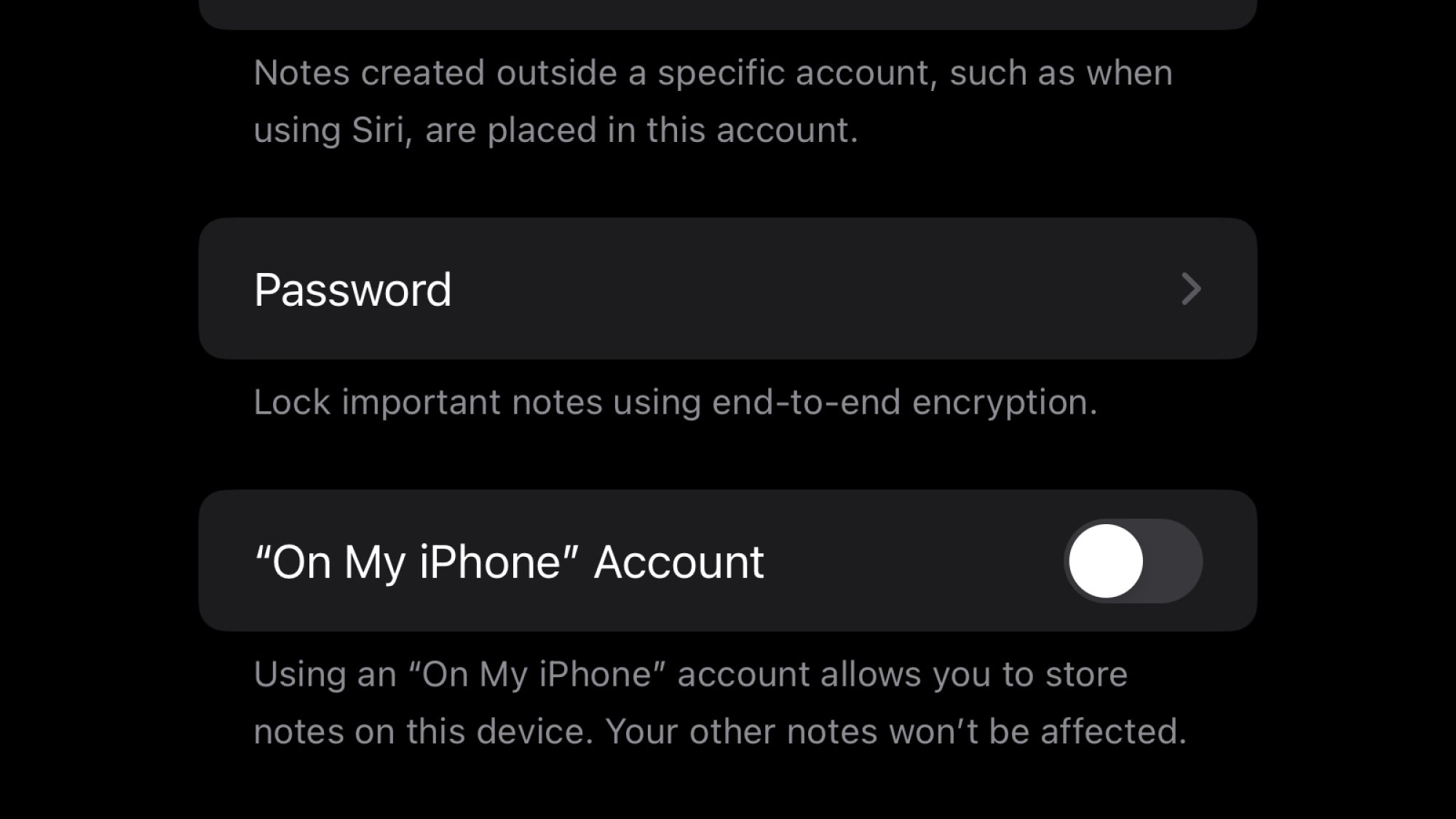 A screenshot of Apple Notes settings, showing the option to use an offline notes account.
