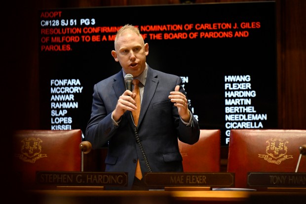 Senate Republican leader Stephen G. Harding of Brookfield is pleased that no votes are expected this year on electric cars. Here, he is shown speaking on the Senate floor during the controversial nomination of Carleton Giles for the Board of Pardons and Paroles. (Jessica Hill/Special to The Courant)