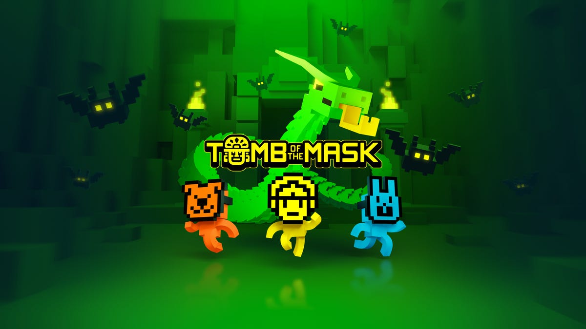 Tomb of the Mask art showing three characters running away from a green snake