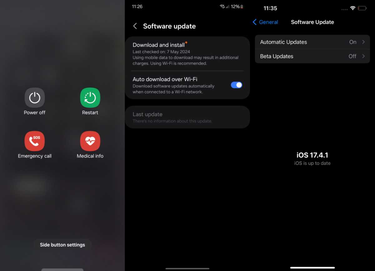 Screenshots showing how to restart or update your phone on Android and iOS