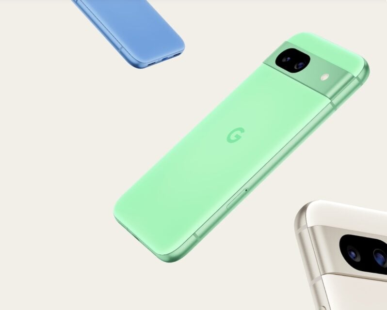 Google Pixel 8a phones in Bay Porcelain and Aloe colors