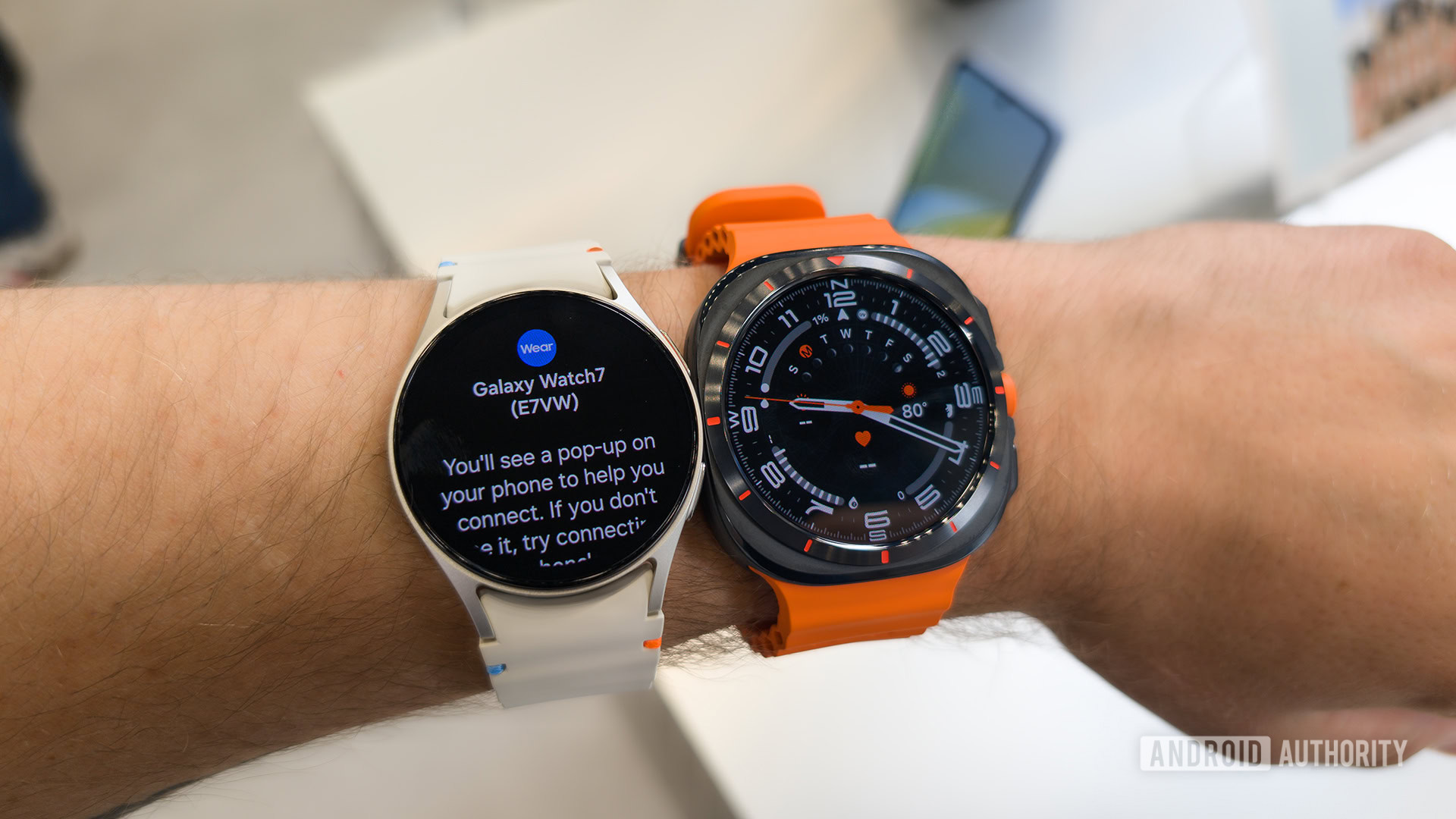 Samsung Galaxy Watch Ultra and Galaxy Watch 7 on Male Wrist Side By Side