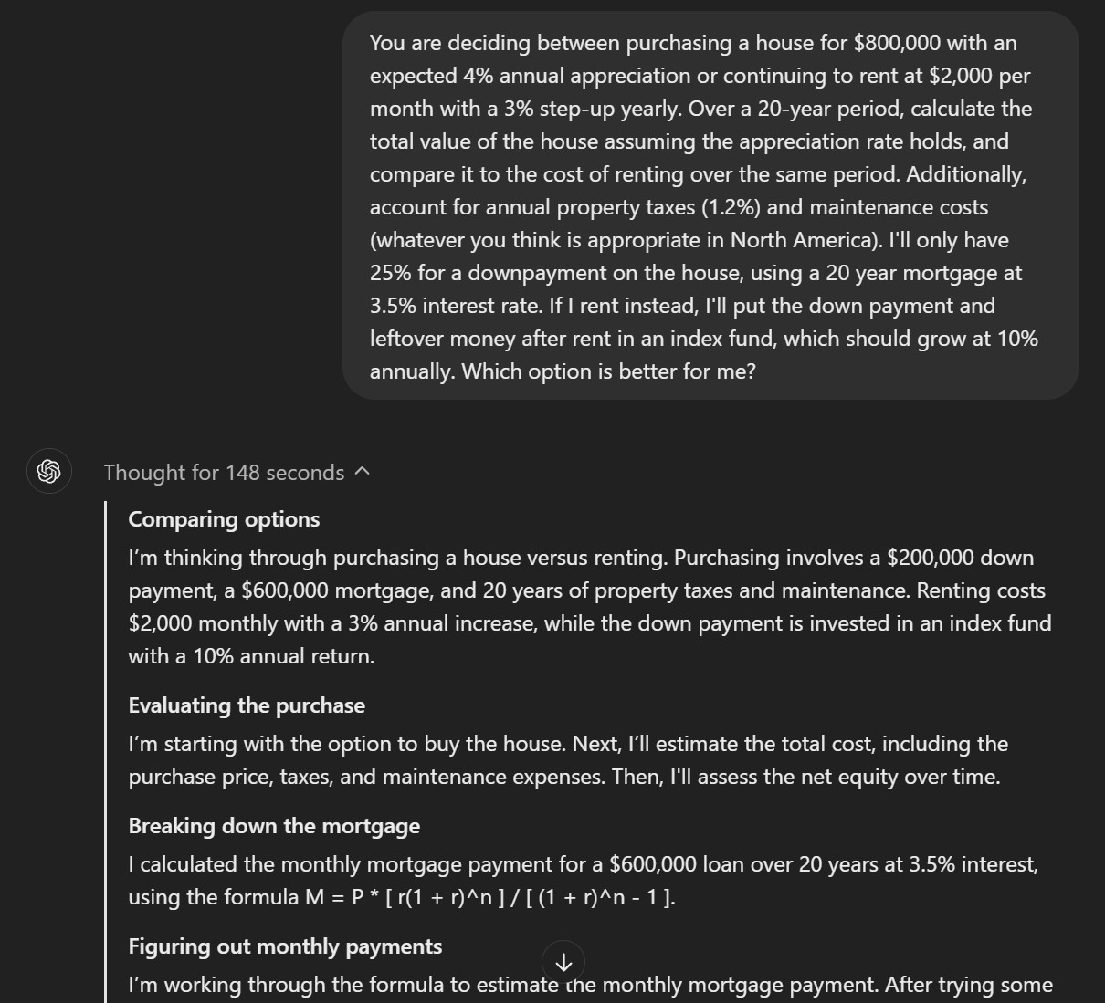 gpt o1 preview buy vs rent house complexity thought