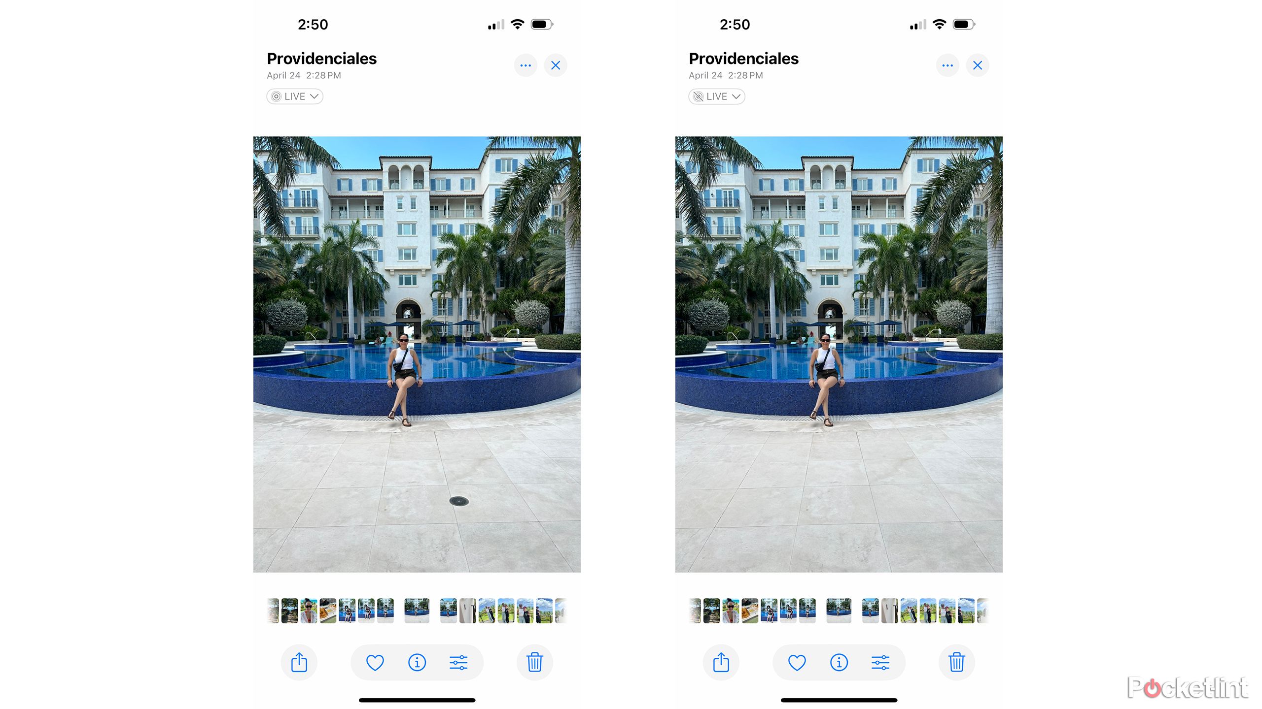 Two side-by-side images of a woman sitting cross-legged in front of a pool, the second one with a circular drain removed from the ground in the foreground.