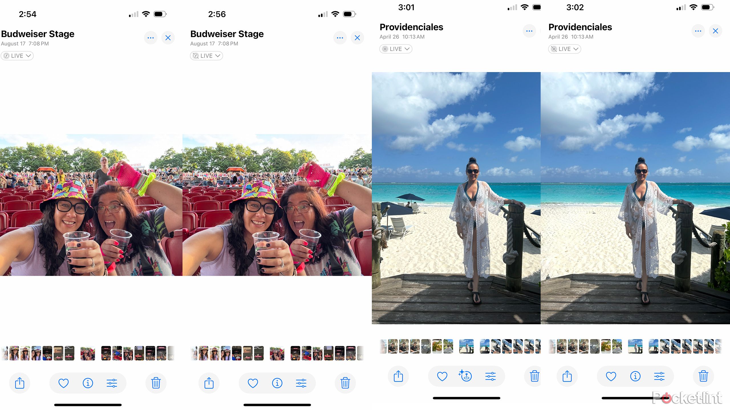 Two images of two women holding drinks at an outdoor concert and two with a woman on a deck in front of a beach, the second in each set with distracting elements removed.