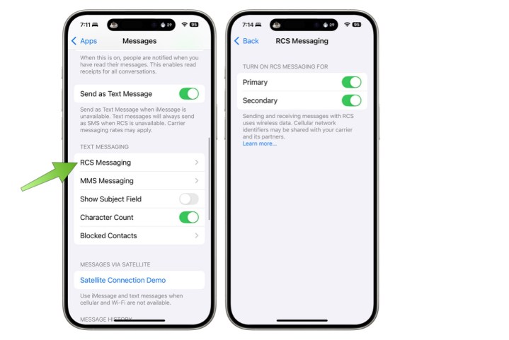 Screenshots showing how to find RCS settings on iOS 18.