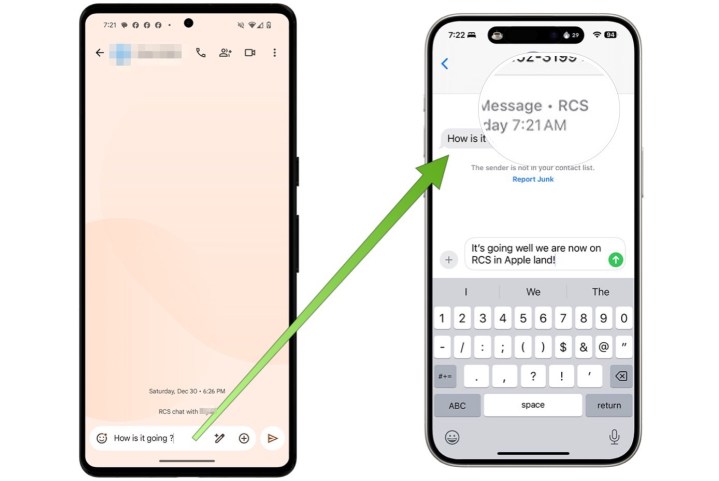 Screenshots confirming an Android and iPhone users are texting via RCS.