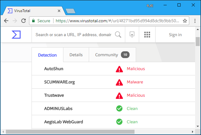 A breakdown listing engine-by-engine results in VirusTotal.