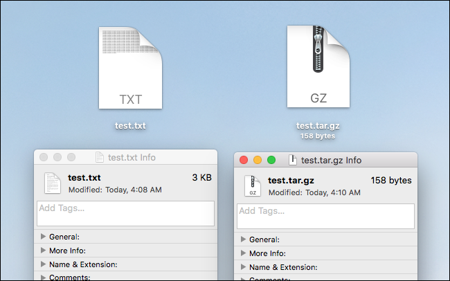 Side by side comparison of a compressed and unzipped file on macOS.