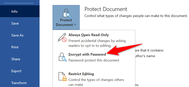 Encrypting a Microsoft Word file with a password.