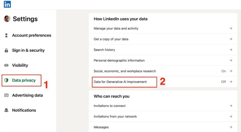 Data Privacy section in LinkedIn settings menu