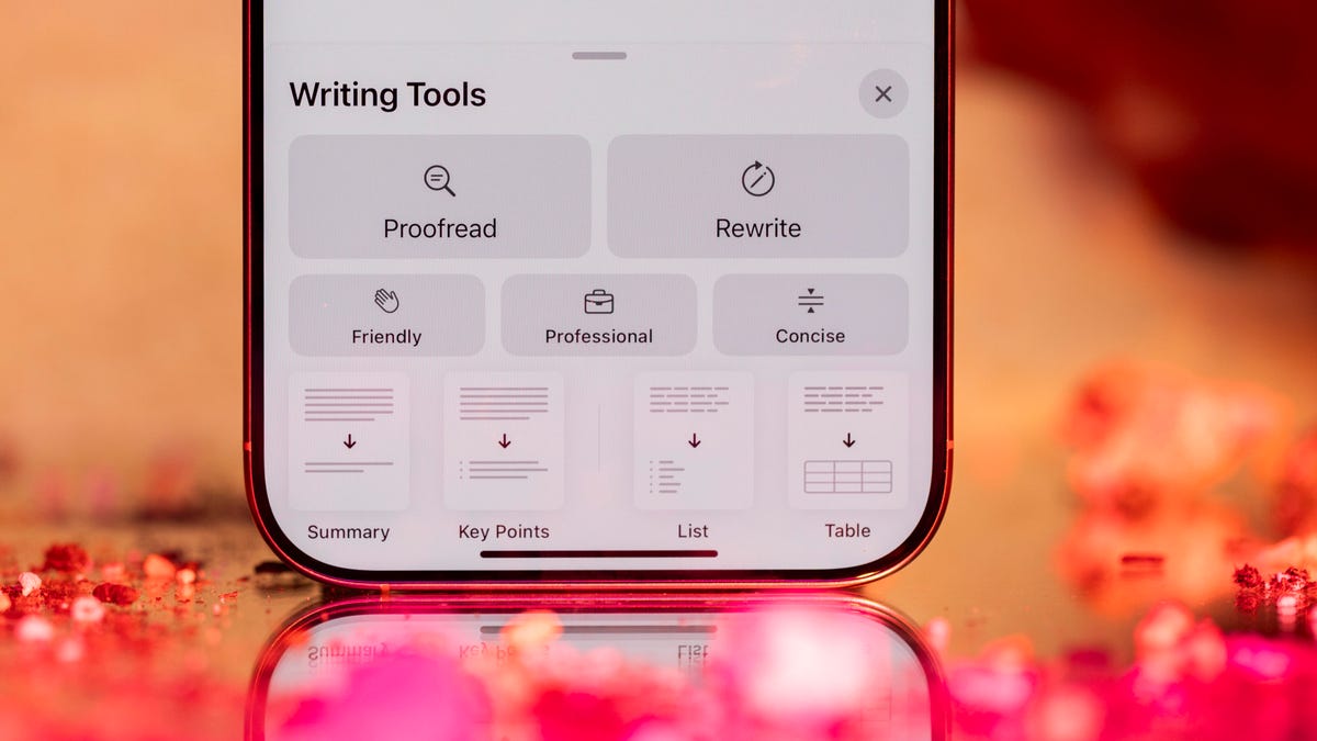 Apple's iPhone 16 Pro Max showing Apple Intelligence's Writing Tools