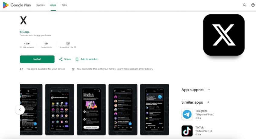 X app on Google Play Store desktop website