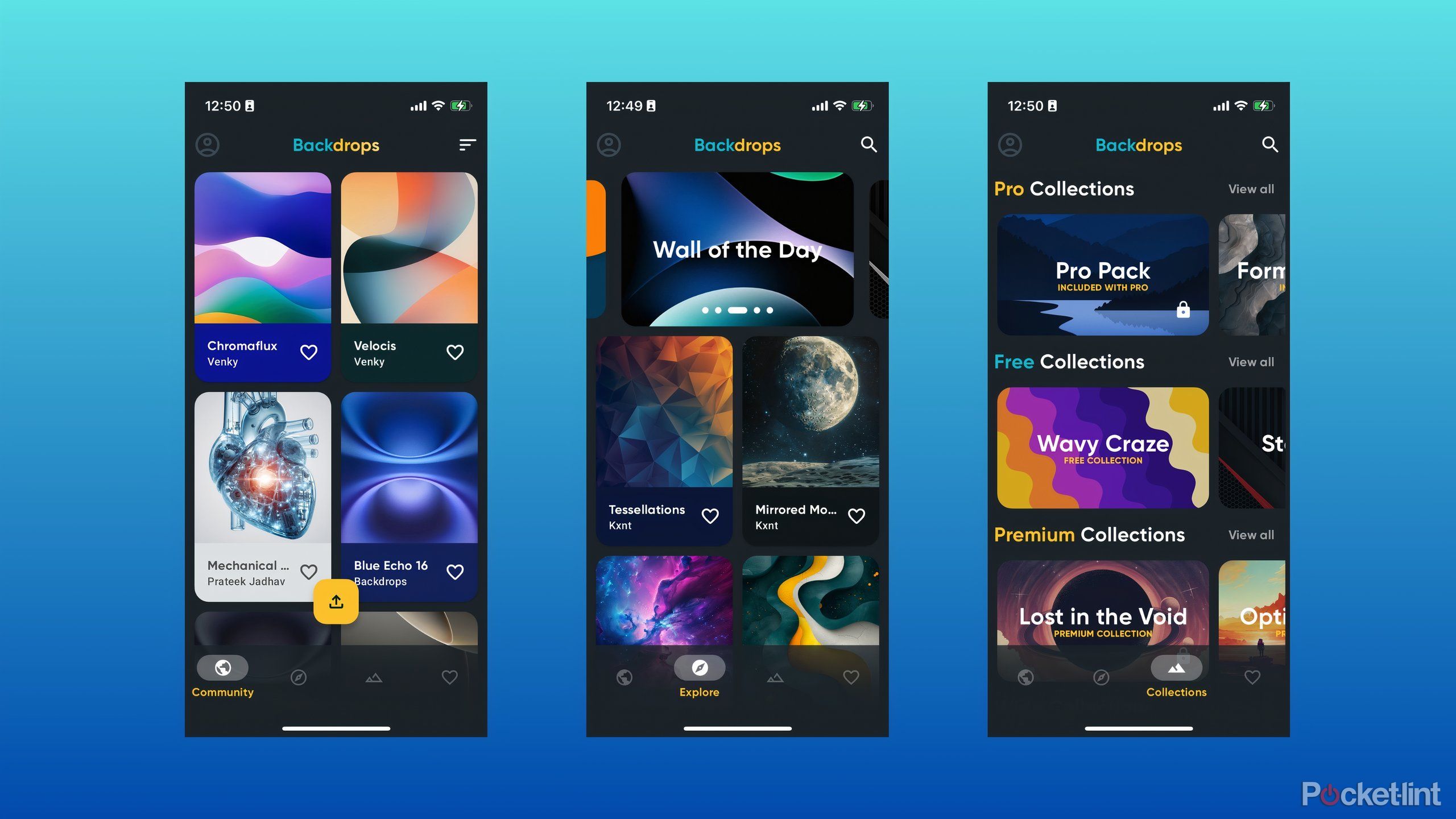 Three screenshots of the Backdrops app, showing the community page, the explore page, and paid and free collections.