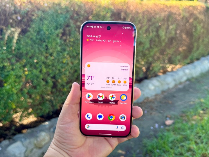 Pixel 9 Pro in Rose Quartz showing home screen.