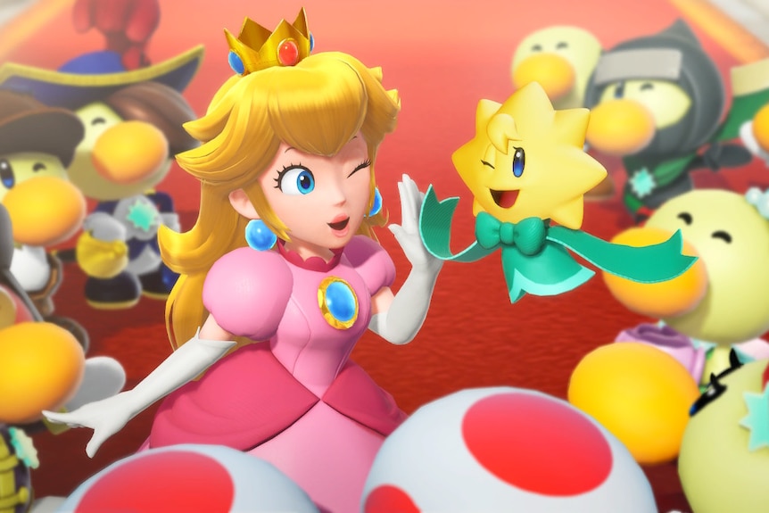 Princess Peach winks and high-fives a star whose body is a teal ribbon with a bowtie