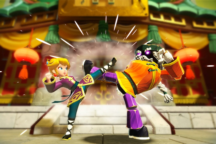 Princess Peach high kicks her enemy in front of a temple while dressed in a kung fu outfit