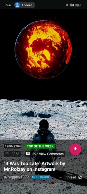 Astronaut on moon watching earth burn wallpaper on AmoledBackgrounds app