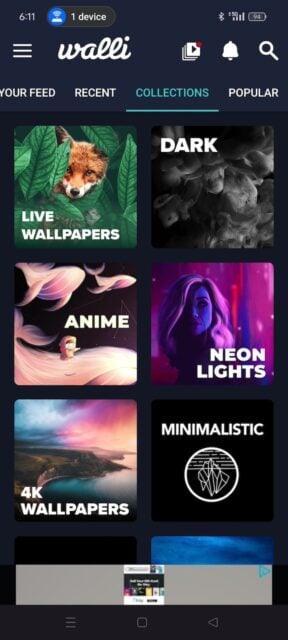 Collections menu on Walli wallpaper app