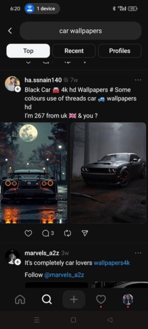 Car wallpaper search results on Threads app