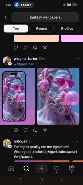 Status of man with pink headphone blowing bubble gum wallpaper on Threads app