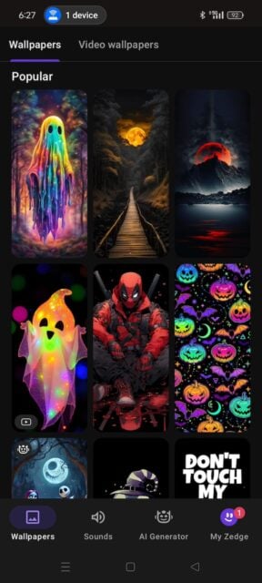 Wallpapers menu on Zedge app