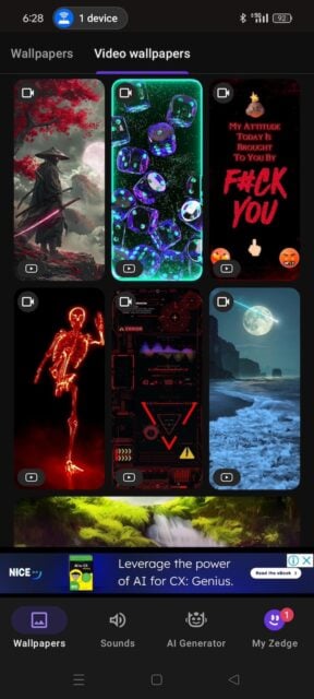 Video wallpapers menu on Zedge app