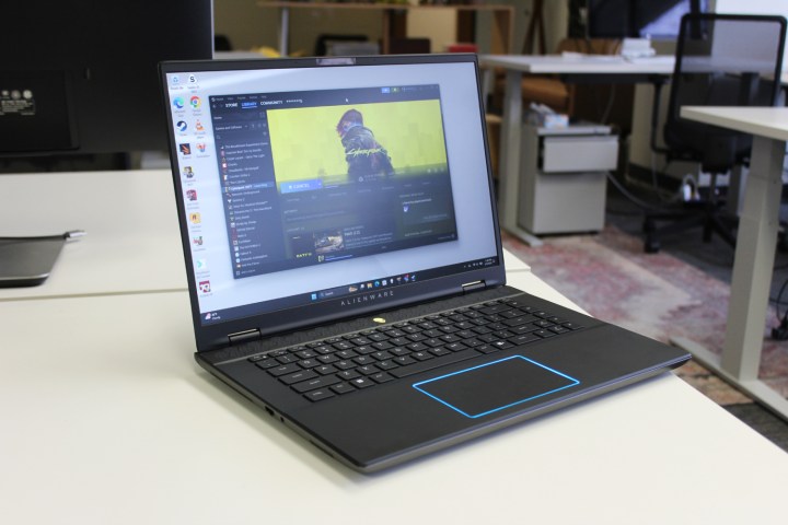 The Alienware m16 R2 on a white desk.