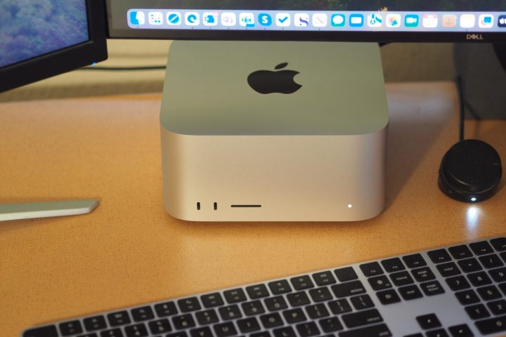 Apple Mac Studio top down view showing PC and keyboard.