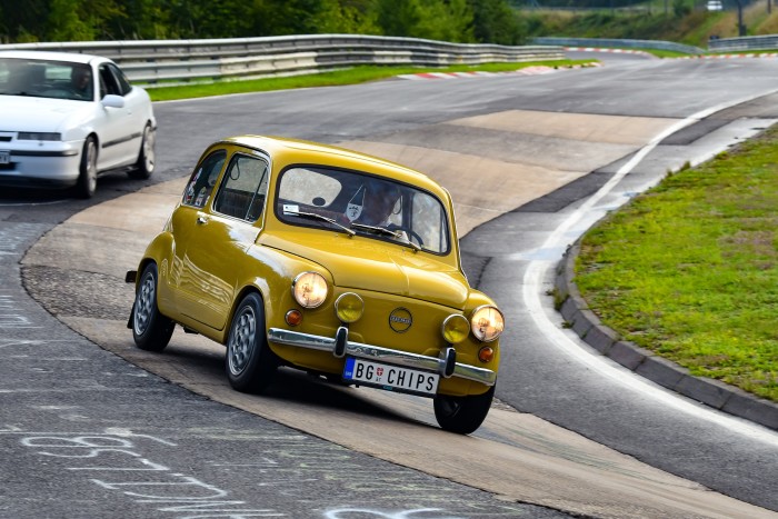 A Zastava 750 races around the Nürburgring in Germany