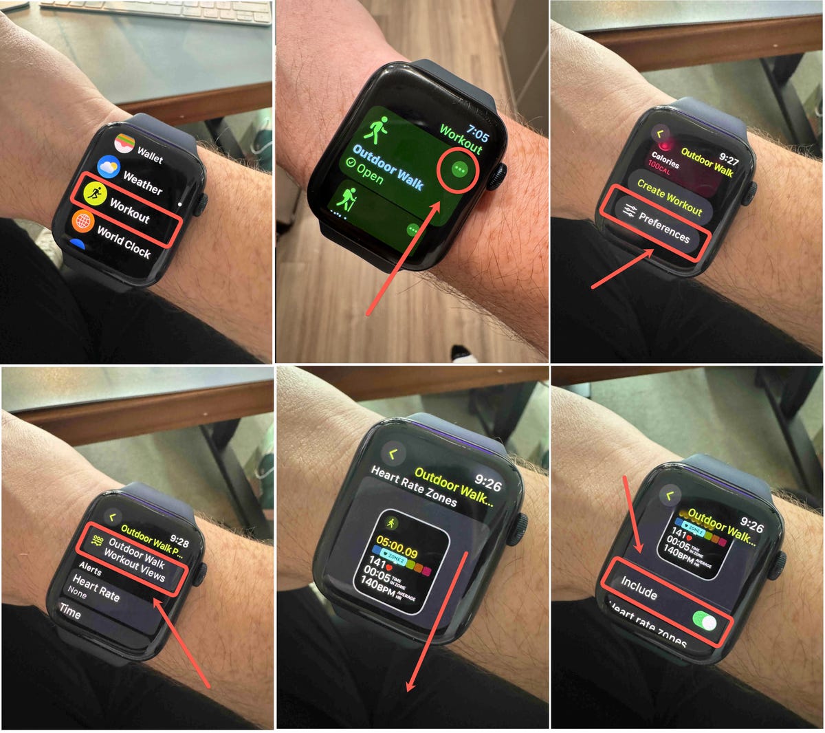 photos of apple watch on wrist with screens leading to settings