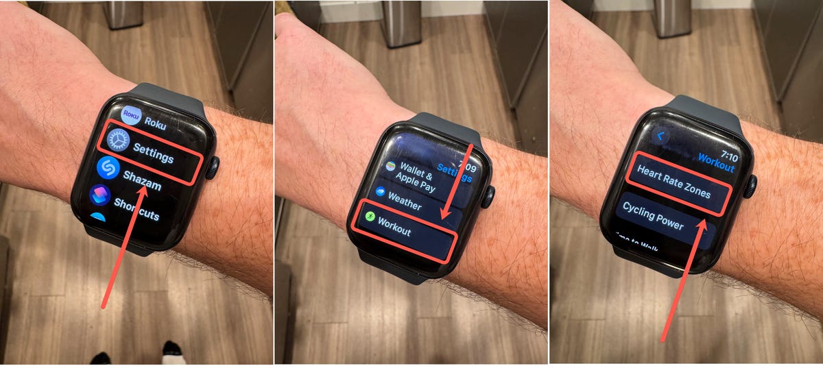 photos of apple watch on wrist with screens leading to settings