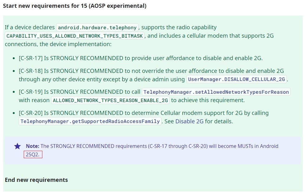 Android 25Q2 reference in Android 15 CDD 2