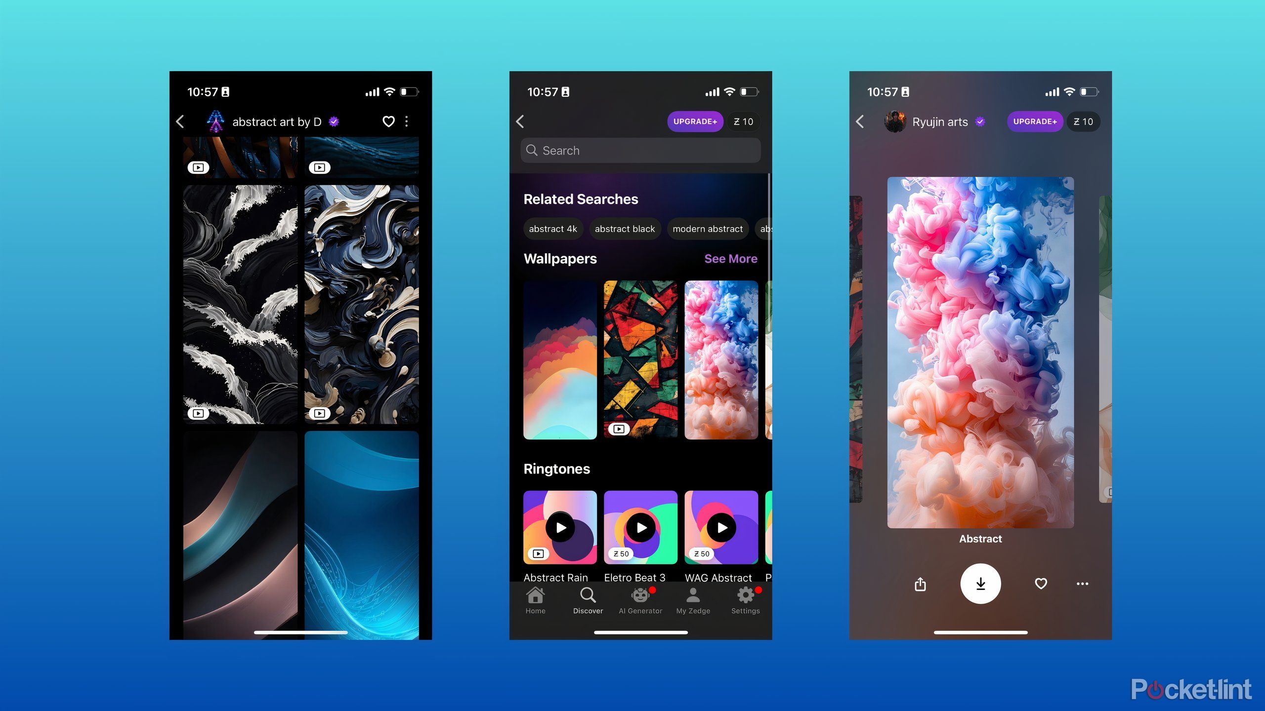 Three screenshots from the Zedge app with a search results page, the search box with wallpapers on display, and the download page for an individual wallpaper.