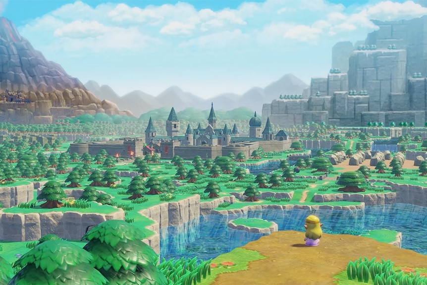 A scene from The Legend of Zelda: Echoes of Wisdom where Zelda stands on a cliff and observes the kingdom