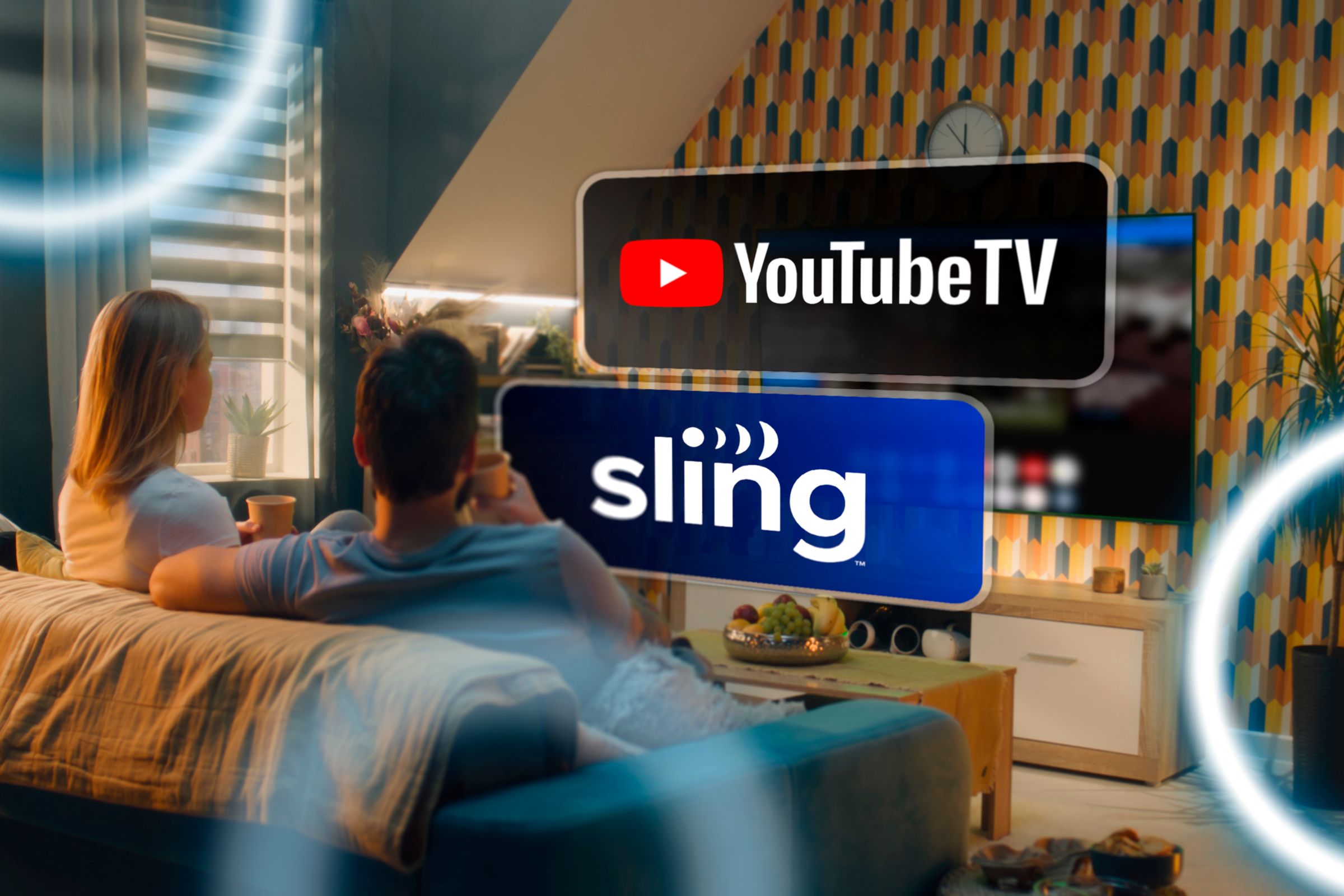 A couple sitting on a couch watching TV with the YouTube TV and Sling TV logos in front of the screen.