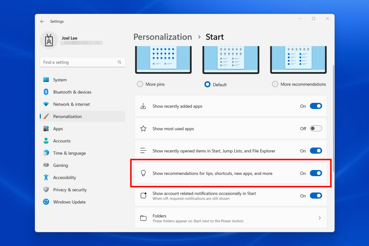 Windows 11 Settings page with option to disable Start menu oddities screenshot