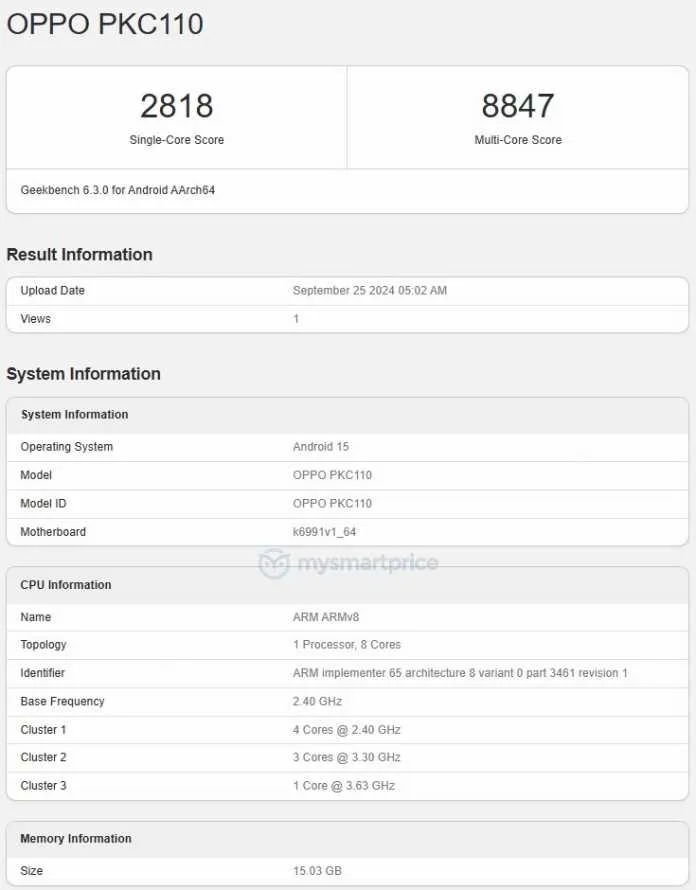 OPPO Find X8 Pro Geekbench benchmark