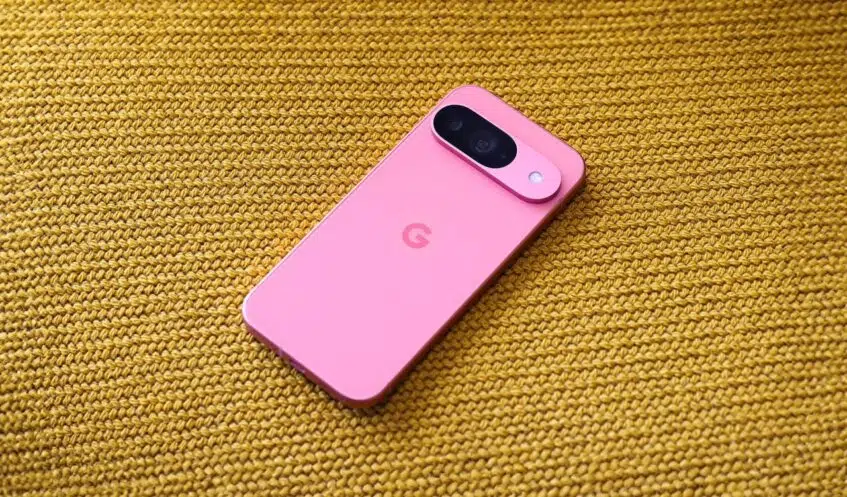 Rear view of Pixel 9 in Rose Quartz color