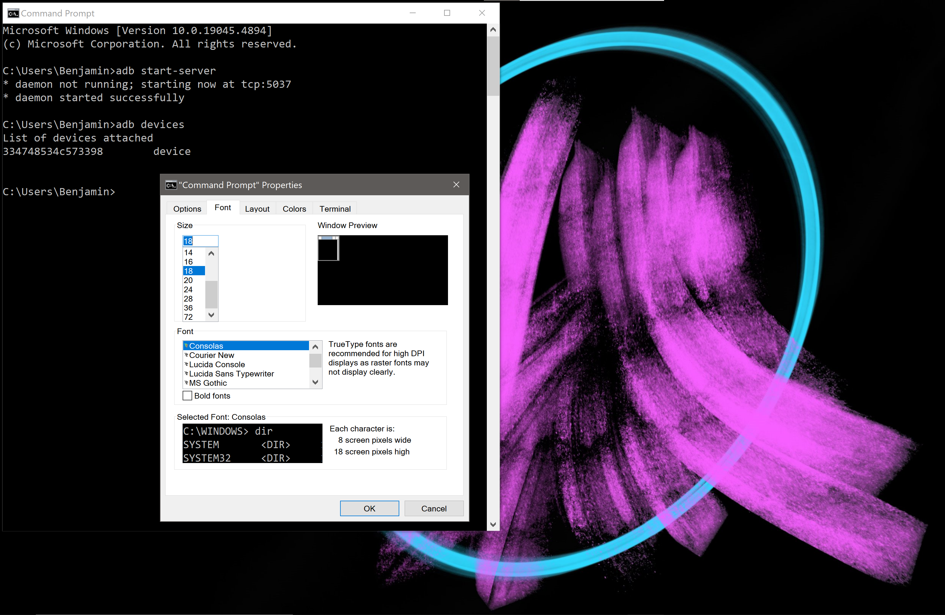 make the command prompt font size bigger on Windows