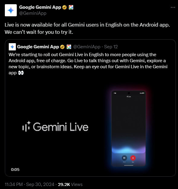 Google Gemini Live wide availability tweet