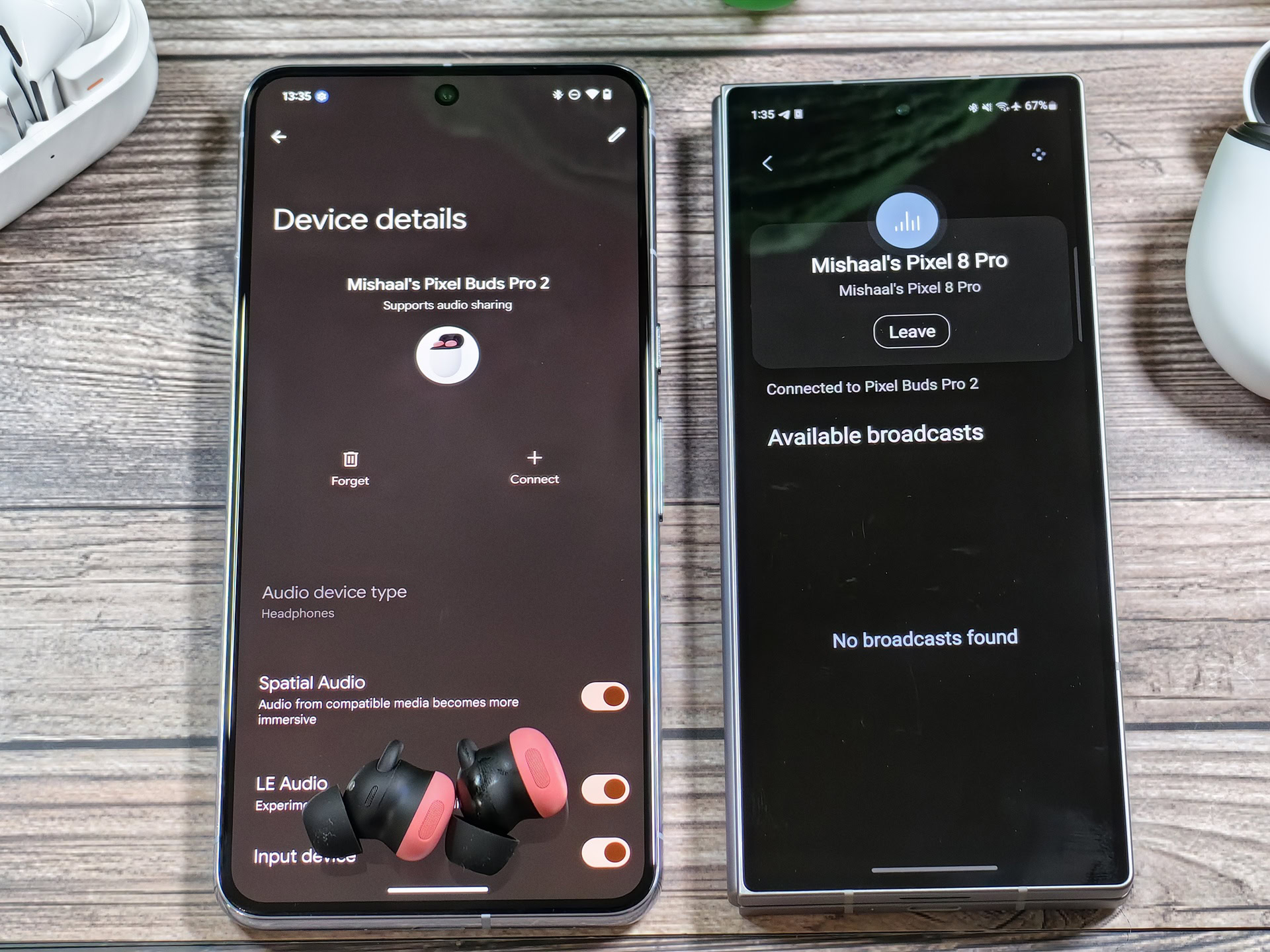 Android 15 Bluetooth device details page showing Pixel Buds Pro 2 support audio sharing