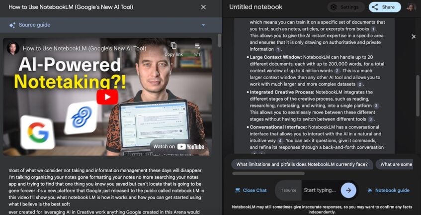 NotebookLM summarizes YouTube video added to notes with link